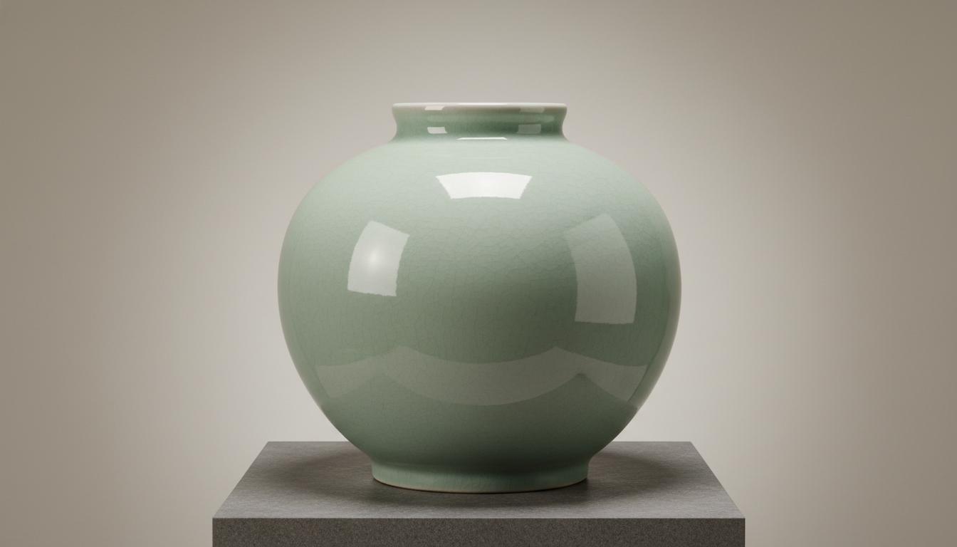 A stunning close-up of a Song Dynasty Longquan celadon vase with a smooth pale green glaze resembling jade