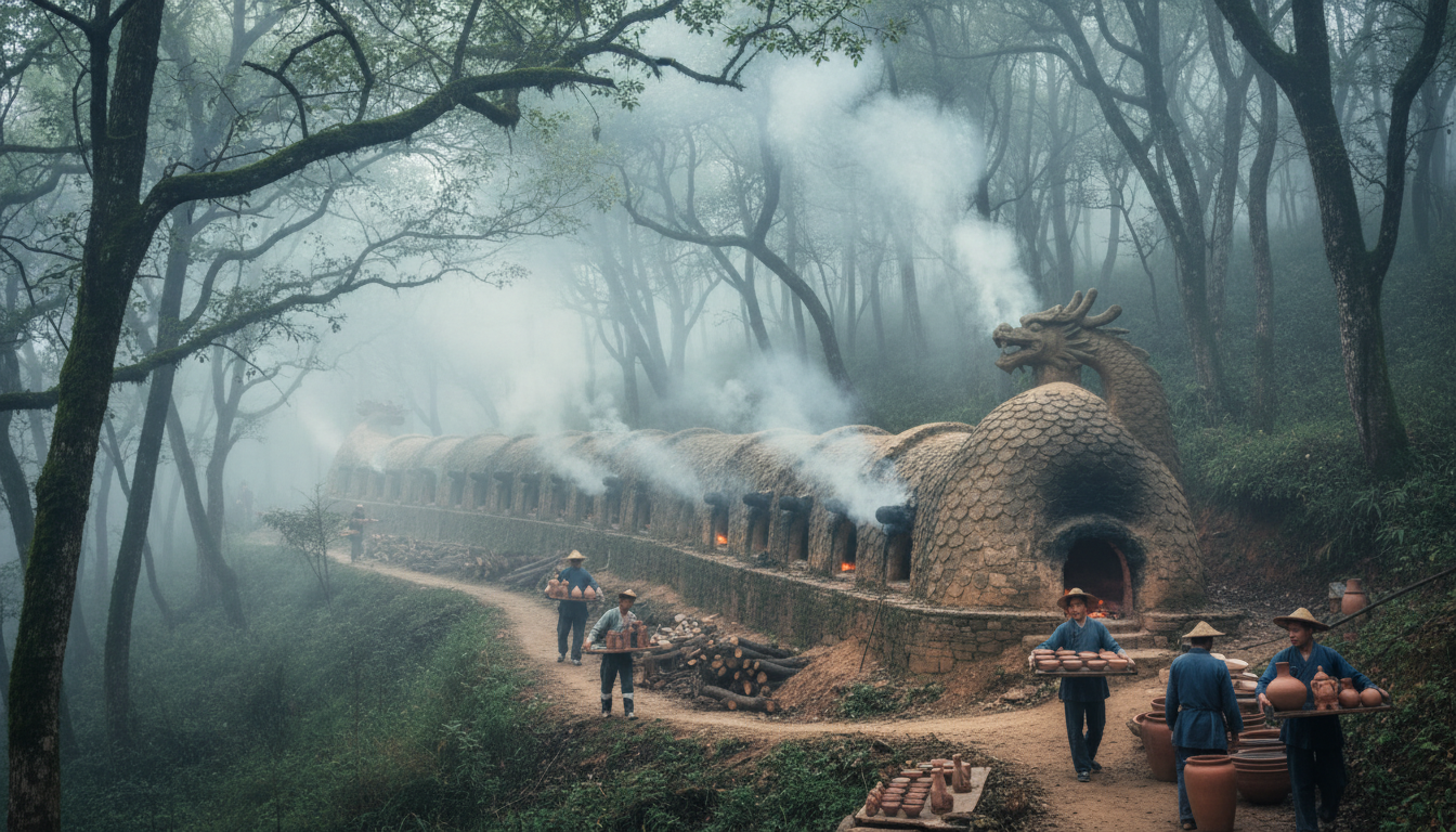 An ancient Chinese kiln site showing rows of celadon bowls being prepared for firing by traditional craftsmen