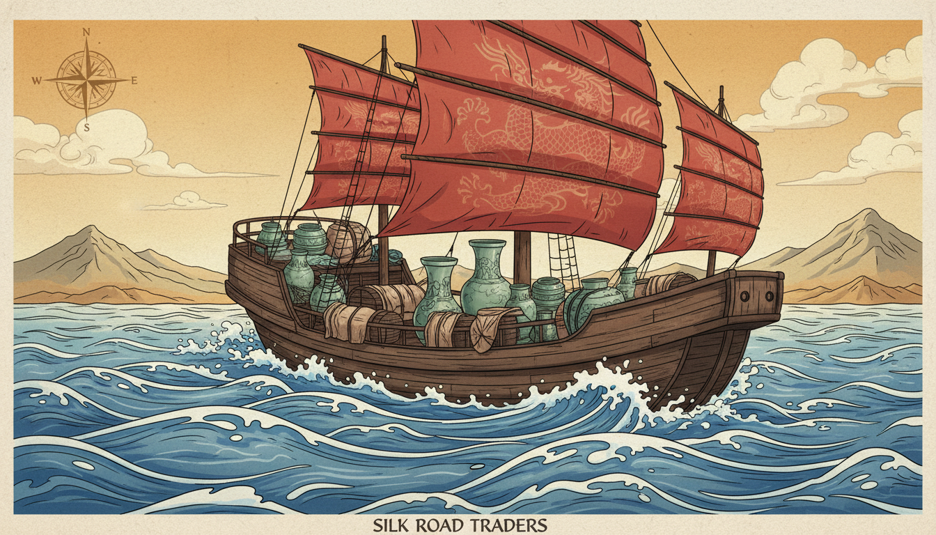 Ancient Chinese trade ship sailing on the Silk Road carrying celadon porcelain with ocean waves