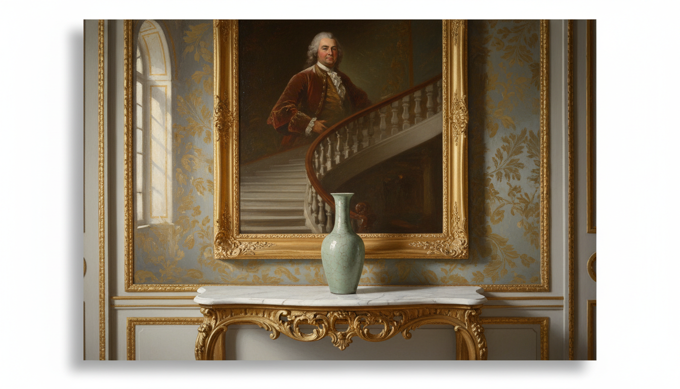 Elegant European 18th century palace interior with a Chinese celadon vase displayed on a marble table